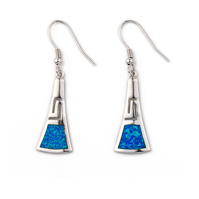 925 With Sterling Silver Blue Retro Opal Greek Meander Key Earrings  925 With Sterling Silver