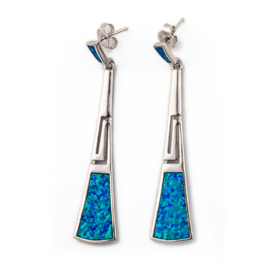 925 With Sterling Silver Blue Retro Opal Greek Meander Key Earrings  925 With Sterling Silver