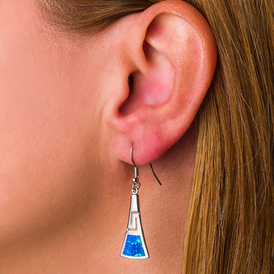 925 With Sterling Silver Blue Retro Opal Greek Meander Key Earrings  925 With Sterling Silver