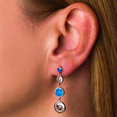 925  With Sterling Silver Greek  Key  Blue Opal Dangle Meander Meandros Earrings For Women