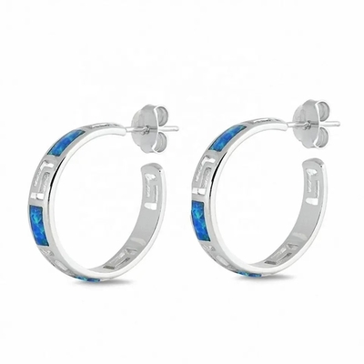 925  With Sterling Silver Greek  Key  Blue Opal Dangle Meander Meandros Earrings For Women