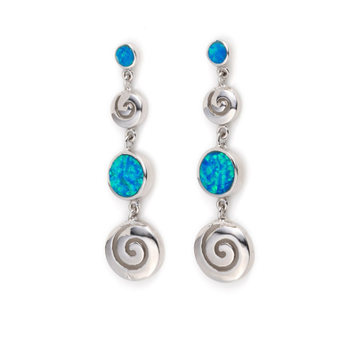 925  With Sterling Silver Greek  Key  Blue Opal Dangle Meander Meandros Earrings For Women