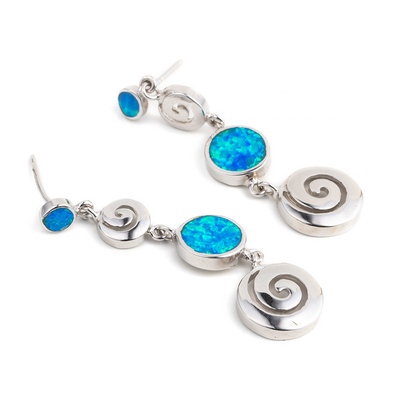 925  With Sterling Silver Greek  Key  Blue Opal Dangle Meander Meandros Earrings For Women