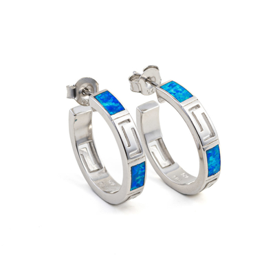 925  With Sterling Silver Greek  Key  Blue   Meander Vintage Sterling Opal Ring Hoop Earrings