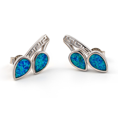 925  With Sterling Silver Greek  Key  Blue   Meander High Quality Opal  Leaf  Stud Earrings