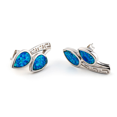 925  With Sterling Silver Greek  Key  Blue   Meander High Quality Opal  Leaf  Stud Earrings