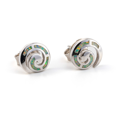 925  With Sterling Silver Vintage Greek  Key  Blue   Meander Opal  Spiral Stud Earrings For Women