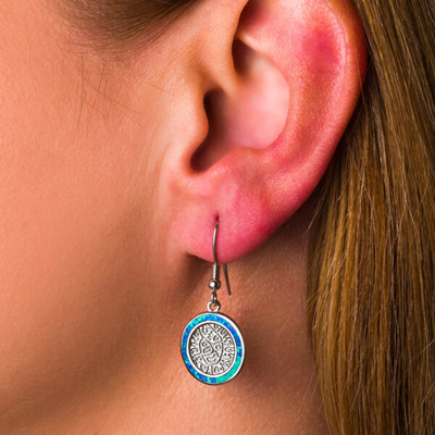 925  With Sterling Silver Greek  Key  Blue   Meander Opal  Phaistos Disc Dangle  Women Earrings