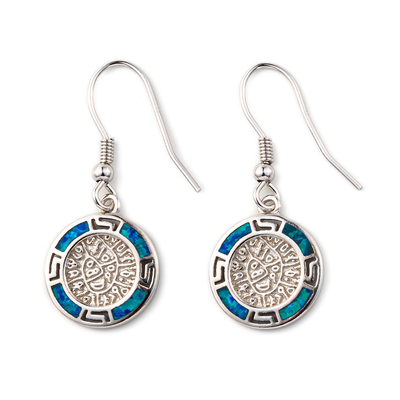 925  With Sterling Silver Greek  Key  Blue   Meander Opal  Phaistos Disc Dangle  Women Earrings