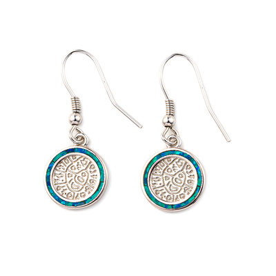925  With Sterling Silver Greek  Key  Blue   Meander Opal  Phaistos Disc Dangle  Women Earrings