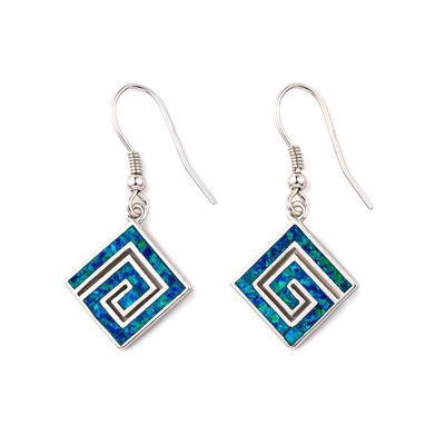 925  With Sterling Silver Greek  Key  Blue   Meander Opal  Phaistos Disc Dangle  Women Earrings
