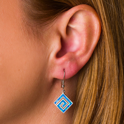 925  With Sterling Silver Greek  Key  Blue   Meander Opal  Phaistos Disc Dangle  Women Earrings