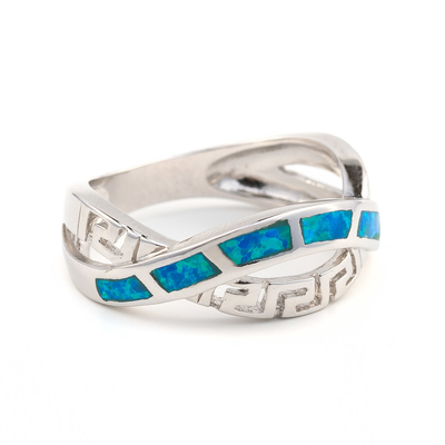 925  With Sterling Silver Greek  Key Natural  Blue   Meander Opal  Ring Real Fire Opal Jewelry