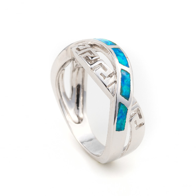 925  With Sterling Silver Greek  Key Natural  Blue   Meander Opal  Ring Real Fire Opal Jewelry