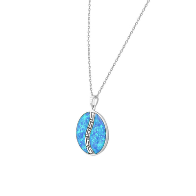 925 Sterling Silver  Blue Simulated Opal Greek Key Meander Meandros Spiral Round Pendant Necklace