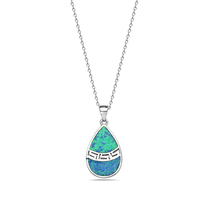 25 Sterling Silver  Blue Simulated Opal Greek Key Meander Meandros Spiral Pendant Necklace
