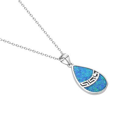 25 Sterling Silver  Blue Simulated Opal Greek Key Meander Meandros Spiral Pendant Necklace