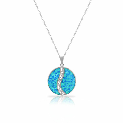 25 Sterling Silver  Blue Simulated Opal Greek Key Meander Meandros Spiral Pendant Necklace