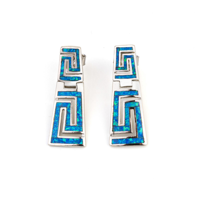 925  With Sterling Silver Greek  Key Natural Blue Garnet Stud Meander Opal   Earrings For Women