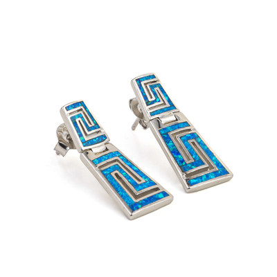 925  With Sterling Silver Greek  Key Natural Blue Garnet Stud Meander Opal   Earrings For Women