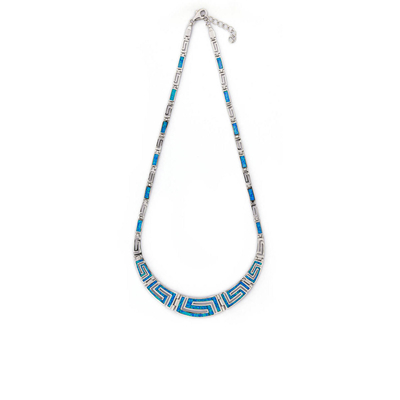 925  With Sterling Silver Greek  Unique Pattern  Designs Bule  Opal  Meander Round  Necklace
