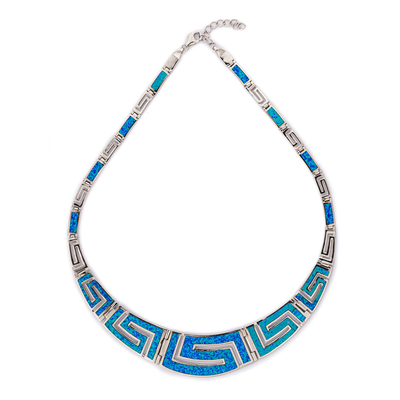 925  With Sterling Silver Greek  Unique Pattern  Designs Bule  Opal  Meander Round  Necklace