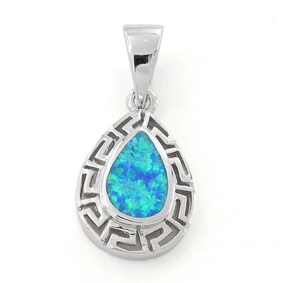 Retro Style Meander Greek Key Pendant Blue Promise Opal Sterling Silver