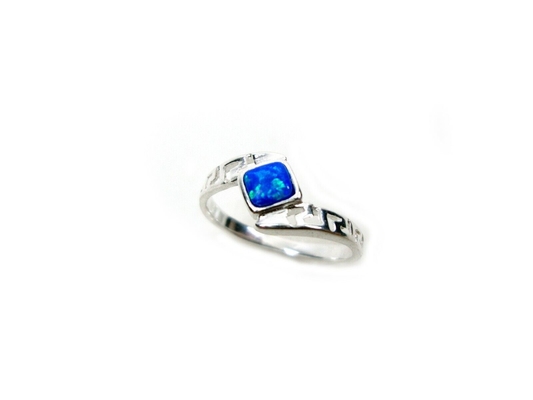 Sterling Sliver 925 Ancient Greek  Meander Key Modern Fire Rainbow Blue  Opal Engagement Ring