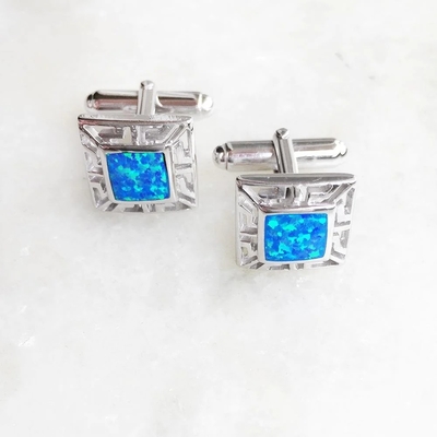 925  With Sterling Silver  Greek  Bule  Opal  Meander And Emerald Square Cufflink Earrings