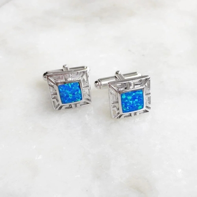 925  With Sterling Silver  Greek  Bule  Opal  Meander And Emerald Square Cufflink Earrings