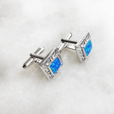 925  With Sterling Silver  Greek  Bule  Opal  Meander And Emerald Square Cufflink Earrings