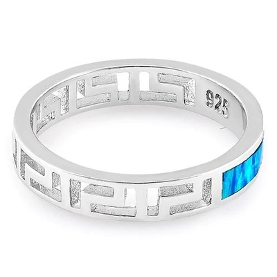 Sterling Sliver 925 Ancient Greek  Meander Key Modern Wave Design Blue Opal Ring For Women