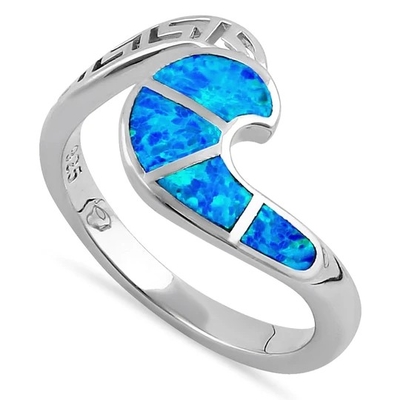 Sterling Sliver 925 Ancient Greek  Meander Key Modern Wave Design Blue Opal Ring For Women