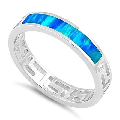 Sterling Sliver 925 Ancient Greek  Meander Key Modern Wave Design Blue Opal Ring For Women