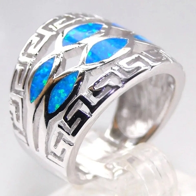 Blue Fire Opal Greek Mini Design Solid 925 Sterling Silver Ring Sizes Greek Opal Jewelry Inlay