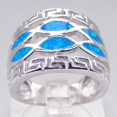 Blue Fire Opal Greek Mini Design Solid 925 Sterling Silver Ring Sizes Greek Opal Jewelry Inlay