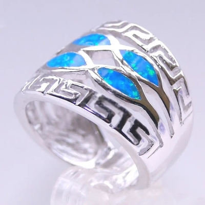 Blue Fire Opal Greek Mini Design Solid 925 Sterling Silver Ring Sizes Greek Opal Jewelry Inlay