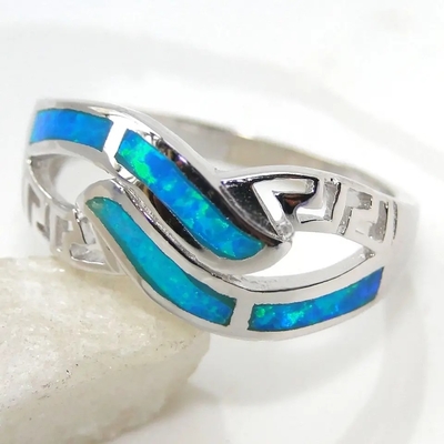 Greek Style 925 Sterling Silver Jewelry Greek Key Blue Fire Opal Gemstone Bangle Blue Opal Bracelet