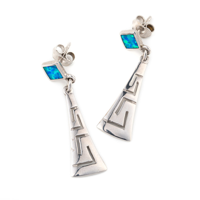 With Sterling Blue Opal Dangle Earrings with Greek Key Unique vintage design Earrings For Women