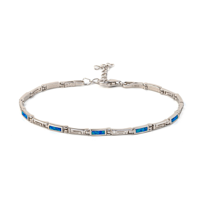 Natural Vintage Fire Rectangular Greek Blue Opal Bracelet With 925 Sterling Silver