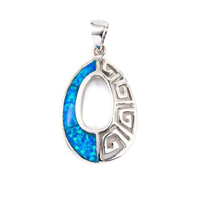 Retro Style Meander Greek Key Pendant Blue Promise Opal Sterling Silver