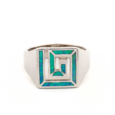 Retro Fret Or Greek Key Design Square Opal Ring For Women