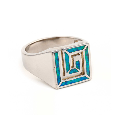 Retro Fret Or Greek Key Design Square Opal Ring For Women