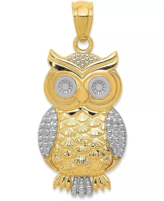 Textured Owl Charm Bead Pendant in 14K Gold with Rhodium Plating For Women