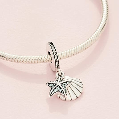 PANDORA Jewelry Starfish and Sea Shell Dangle Cubic Zirconia Charm in Sterling Silver