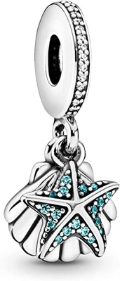 PANDORA Jewelry Starfish and Sea Shell Dangle Cubic Zirconia Charm in Sterling Silver