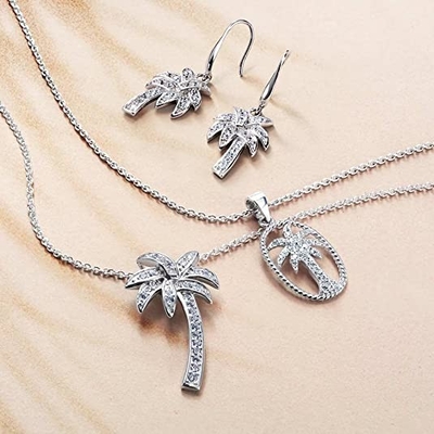 Silver Smile - Solid Sterling Silver Beautiful Tropical Palm Tree Pendant Necklace, with 17.5inch Anchor Chain for Women