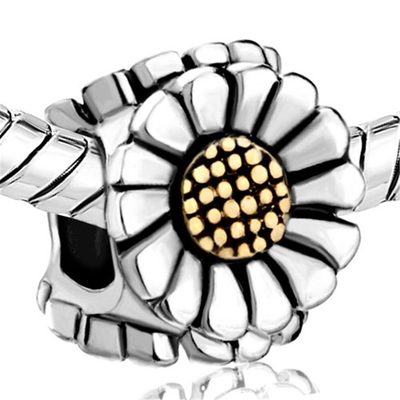 Rhodium Gold Plating Large Hole Sunflower European Charm Bead Fits Pandora Bracelet