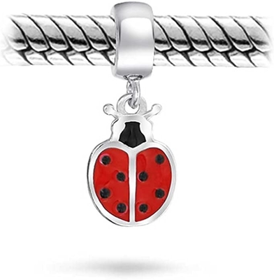 Insect Garden Mother Baby Ladybugs Red CZ Dangle Charm Beads Good Luck