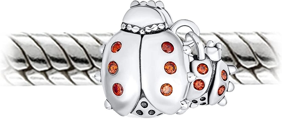 Insect Garden Mother Baby Ladybugs Red CZ Dangle Charm Beads Good Luck